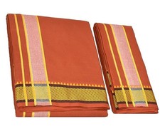 Men's Dhoti with Angavasthram Zari Border 4mtr Dhoti 2.25mtr Towel Kaavi