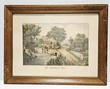 Vintage Currier & Ives 'The Roadside Mill' Hand-Colored Lithograph Print 