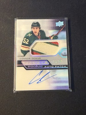 2021-22 UD PREMIER CONNOR DEWAR #/249 ROOKIE AUTO 3 COLOR PATCH RPA PENGUINS