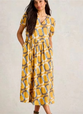 White Stuff Leah Jersey Midi Dress Yellow Multi Size 6 NWT