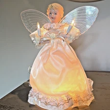 Vintage Christmas Angel Tree Topper Light Up Wings Candle White Gown