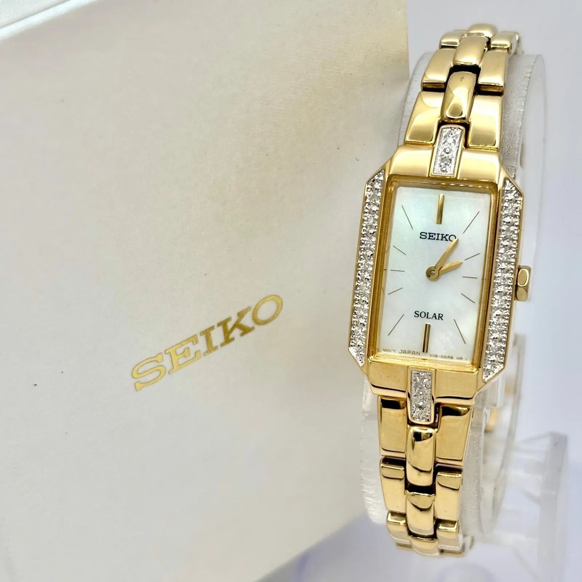 SEIKO Solar レディース 時計 ゴールド SEIKO Solar Diamond Shell Rectangular Ladies Watch Gold V116-0AF0
