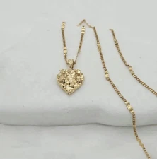 Gold Nugget Necklace, Gold Nugget Heart, 1mm Curb Chain, 14k Heavy Plated