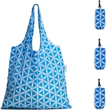 3PK Reusable Grocery Bags Heavy Duty Foldable Shopping Totes Blue Geometric Flow