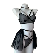 Punk Mesh Lingerie Set for Women Gothic Strappy Bra Garter Belt Skirt or Harness