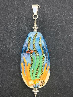 OOAK Handcrafted Ocean Lampwork Glass Pendant in Sterling Silver, Artisian