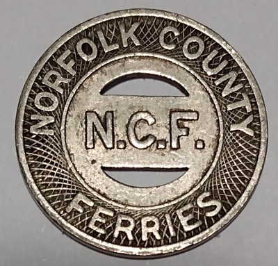NORFOLK COUNTY FERRIES GOOD FOR 1 PASSENGER VA TRANSIT TOKEN  WHITE MET 5c Size