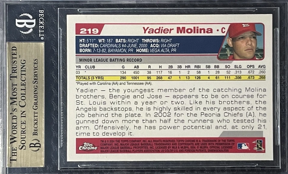 BGS 10 Pop 2 2004 Topps Chrome Yadier Molina HIGHEST GRADED PRISTINE Rookie RC - Image 3 of 3