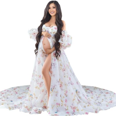 Sexy Maternity Photoshoot Floral Chiffon Dresses Pregnant Middle High Split  Gown