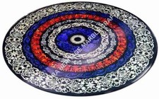 Marble Round Big Dining Table Top Lapis Lazuli Carnelian Inlay Christmas E1532