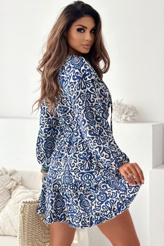 Brand New Blue White Filligree Pattern Women's Long Sleeve Dress Size 8-10 - Bild 3 von 5