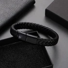 Punk Mens Bangles Jewelry Braided Leather Bracelets Black Stainless Steel Clasp