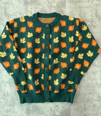 Green Fall Leaves Knit Cardigan Button Forest Grandpa Sweater Size L