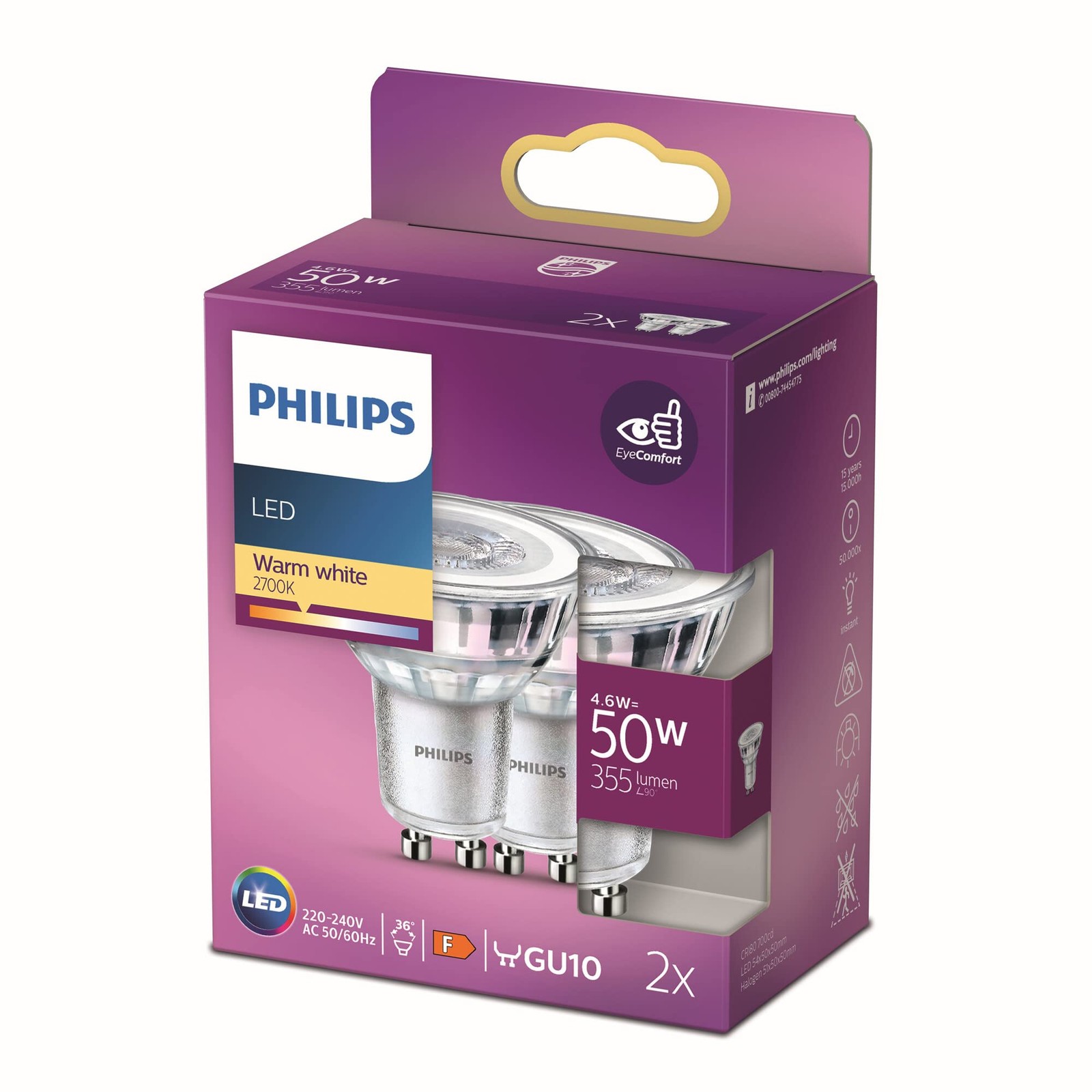 Philips LED Faretto, 2 pz, 50W, Attacco GU10, Luce Bianca Calda