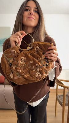 Zara Corduroy Velvet Effect Embroidered Bucket Bag Mustard Brown