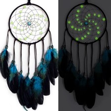 Handmade Blue Dream Catcher Glow In Dark Beads With Natural Feathers