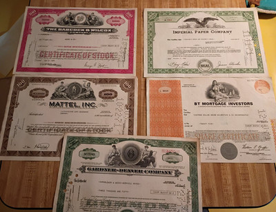 Vintage Stock Certificate Lot (5)   Mattel Barbie, Babcock Wilcox TMI, Gardner