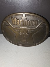 VTG 1987 Marlboro Solid Brass Belt Buckle Philip Morris Inc Longhorn Steer