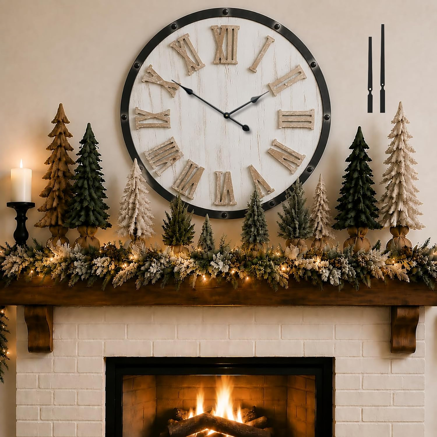 Oversized 30" Farmhouse Wall Clock, Rustic Wood round Timepiece with Raised Roma