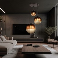 HäNgelampe Pendelleuchte Wohnzimmerlampe 3 Flammig Glas Kugel Braun H 120 Cm