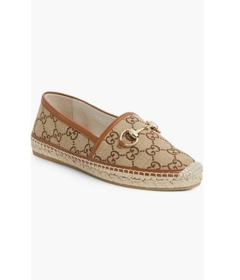 Gucci Pilar Horsebit GG Logo Print Espadrilles Flats Camel Ebony EU39.5 US 9.5