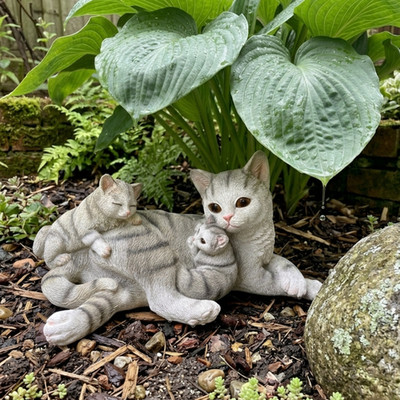 Mutter Katze Kätzchen Harz Figur Statue Wohndeko Regal Ornament Geschenk 36,5 cm