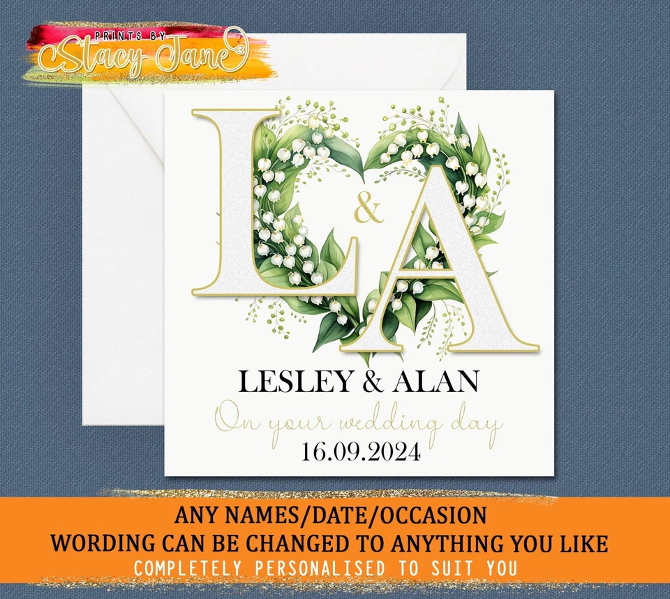 HANDMADE Personalised Wedding Day Card Bride Groom Congratulations Initials Lily Valley