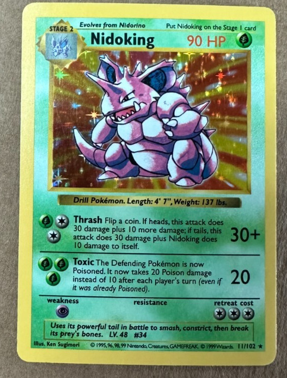 1999 Pokemon Base Set Nidoking 11/102 Shadowless Holo MP Condition