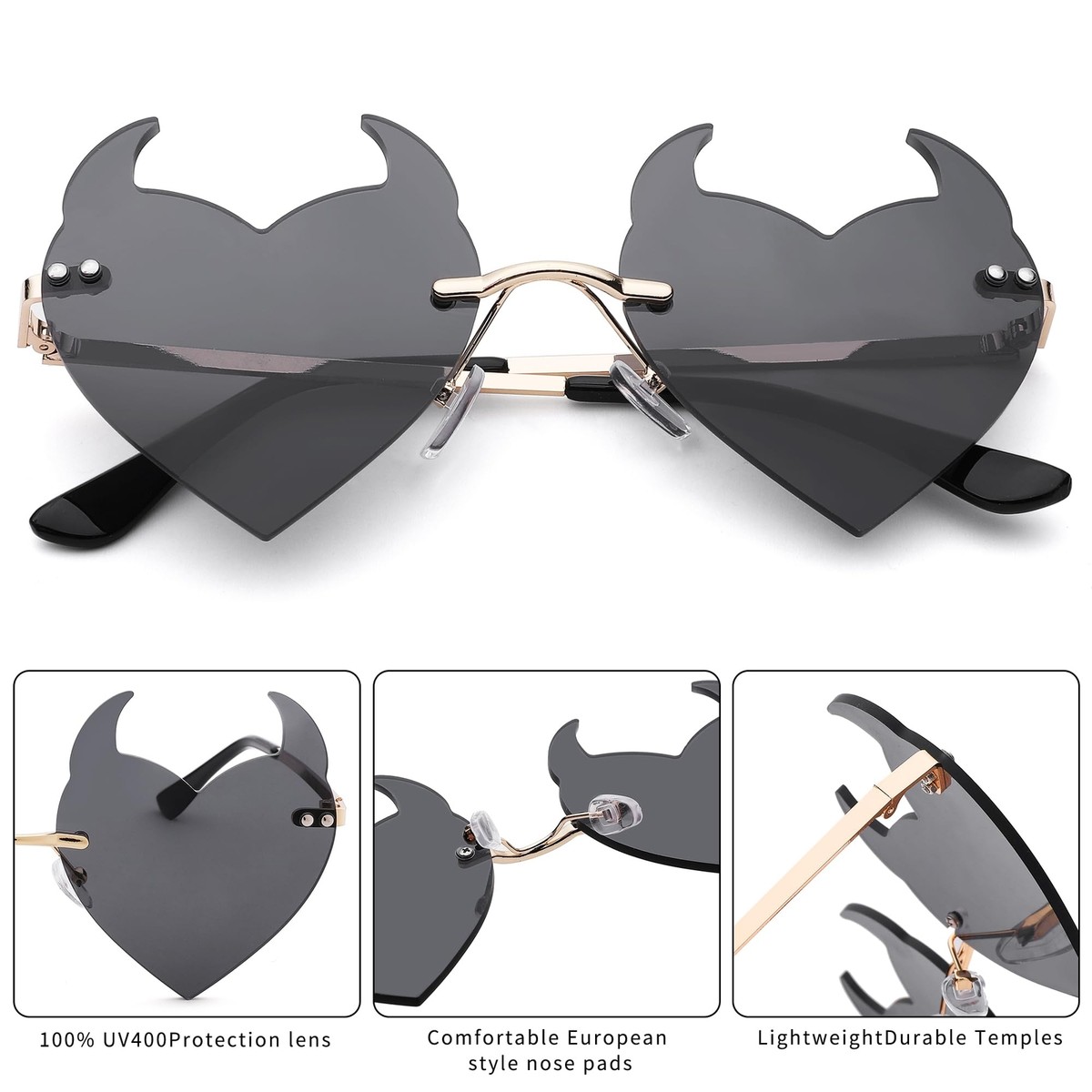 Devil Heart Rimless Sunglasses UV400 Protection Fashion Accessory 2 Pcs Rimless Devil Ear Heart Shaped Sunglasses Halloween  main image 3