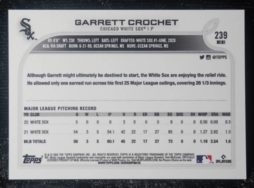 GARRETT CROCHET—2022 Topps Mini #239 - Image 2 of 2