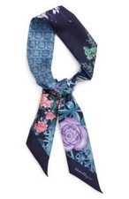 Salvatore Ferragamo Giardino Floral Gancini Silk Skinny Scarf Blue 395