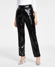 I.n.c. International Concepts Womens Sequin Straight-Leg Pants Black SZ XS- Defe