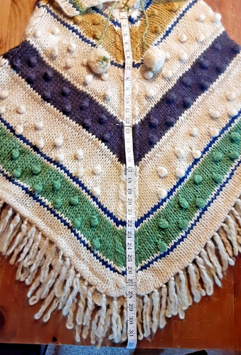 Vintage Wool Poncho Jumper Sweater Coat 70's Retro Hippie Boho w/ Fringe PomPoms - Picture 19 of 23