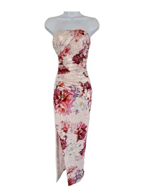Langes Bombenkleid Kleid Damen Guess Marciano Rosa Blumen Seide Metallic Rüschen 38.