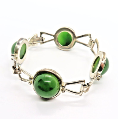 MEGA DESIGNER Armband Nephrit 835 Silber Modernist 70s exklusiv Jade Space Age