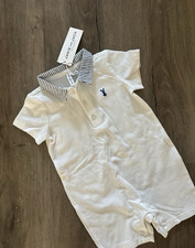 Janie and Jack Boys 3-6M White Blue Romper Striped Collar Embroidered Bunny