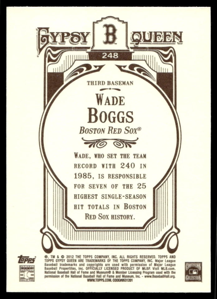 2012 Topps Gypsy Queen #248b Wade Boggs Boston Red Sox VARIATION - Image 2 of 2