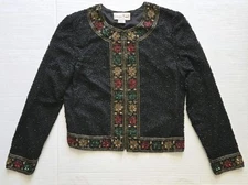 Vintage Laurence Kazar Silk Sequin Beaded Poinsettia Christmas Jacket Size Small
