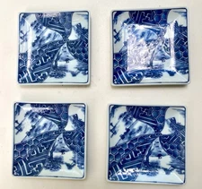4 JAPANESE  BLUE & WHITE CERAMIC SMALL DISHES/COASTERS/SUSHI PLATES READ