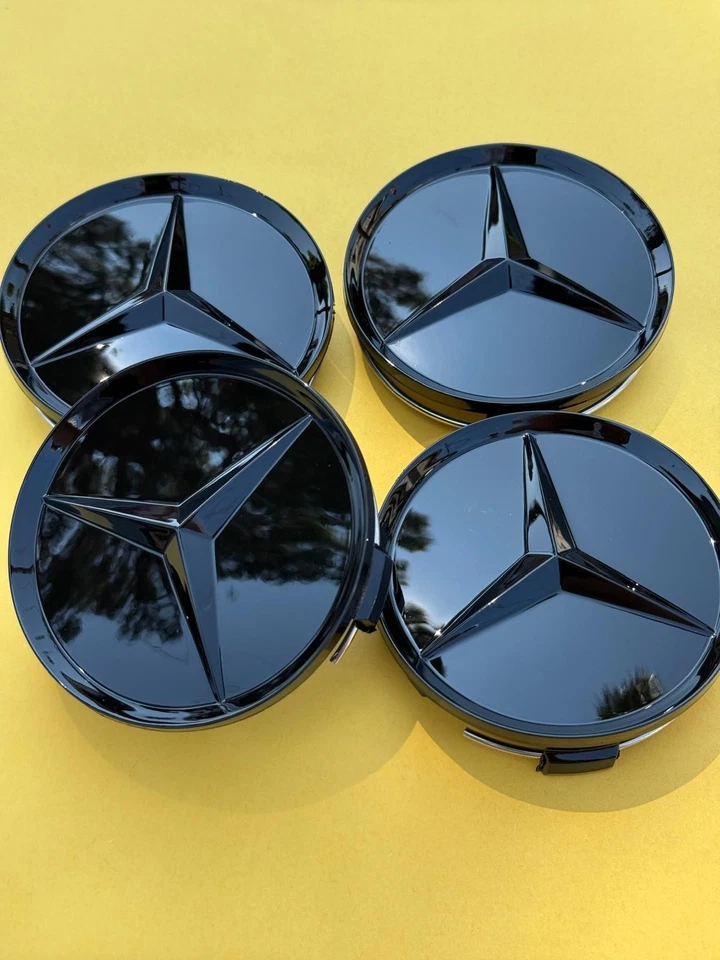 Set of 4 Mercedes Benz Center Caps All Glossy Black 2.95 Inch/75mm - Image 2 of 4
