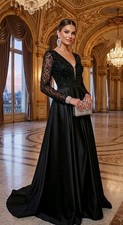 Luxury Satin V-Neck Evening Dress Women elegant  Floor Lenght Cocktail Gown XS 