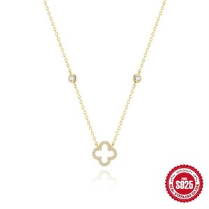 Authentic Gold Plated 925 Sterling Silver CZ Four Leaf Clover Pendant Necklace