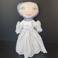 Cloth Doll 14" Girl - Hand Drawn Face Firm Stuffed - Blue Floral Body W/ Dress