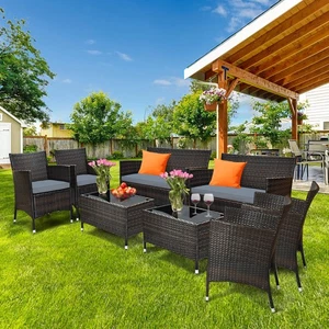 8PCS Patio Rattan Conversation Furniture Set Outdoor w/ Brown & Grey Cushion