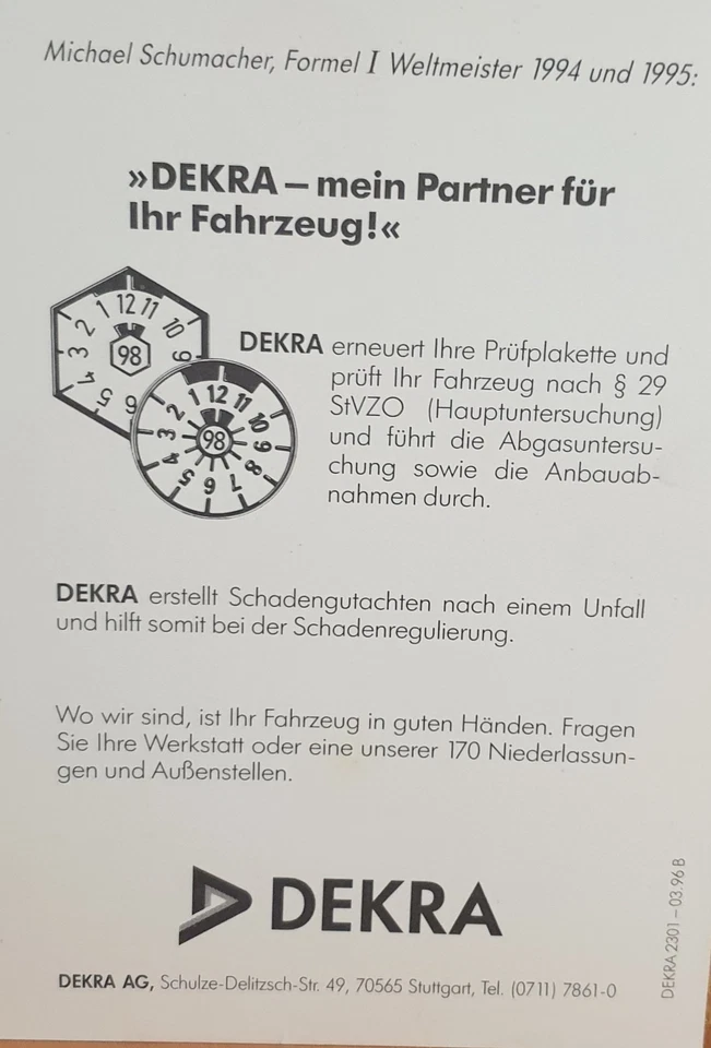 Autogrammkarte Michael Schumacher 1997 Dekra - Bild 2 von 2