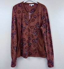 DR2 Womens Brown V-Neck Long Sleeve Paisley Floral Print Shirt Large Rustic XL