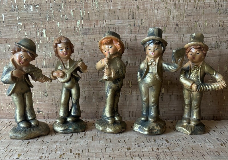 Lot of 5 Vintage Paper Mache Musician Figurines, Hand Made in Italy -Gold Finish