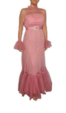 Women's Pink Tulle Evening Gown with Sheer Sleeves Rhinestone Belt Size L