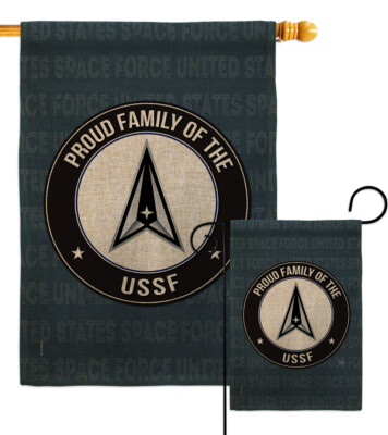 Proud Family USSF Burlap Garden Flag Space Force Armed Forces Yard House Banner