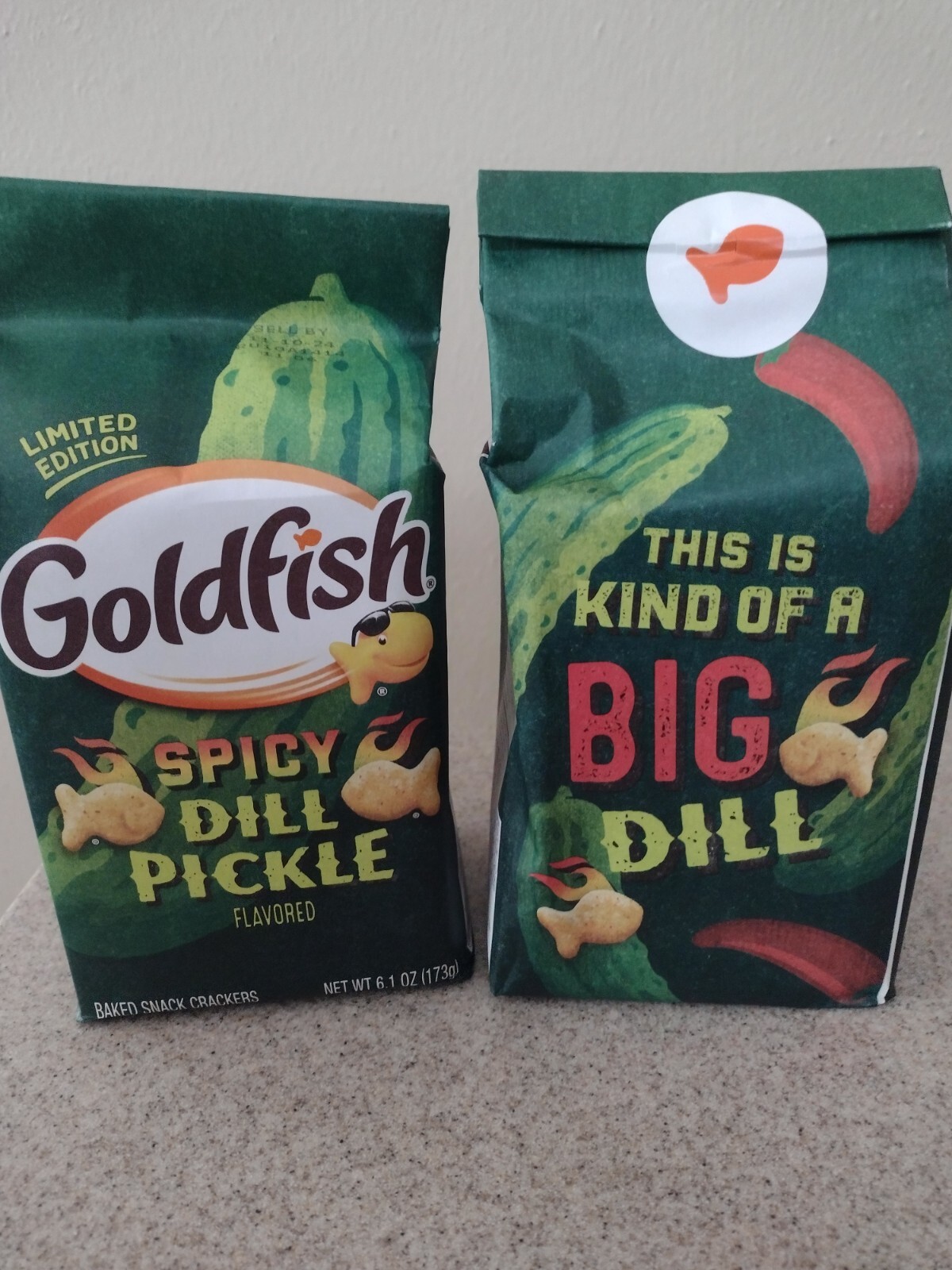 Two Goldfish Spicy Dill Pickle Baked Snack Crackers Limited Edition 6.1